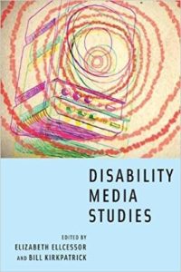 Cover of Disability Media Studies, a blue background with a beige sketch of a speaker, from which sounds emerge as bright, wiggly circles.
